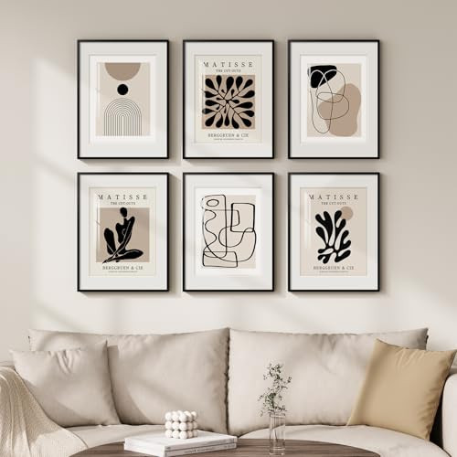 Framed Neutral Abstract Wall Art for Living Room, Set of 6 Minimalist Black Beige Prints Artwork for Walls, Modern Matisse and Geometric Pictures for Bedroom Dining Room Bathroom Wall Decor 11x14 In | Amazon (US)