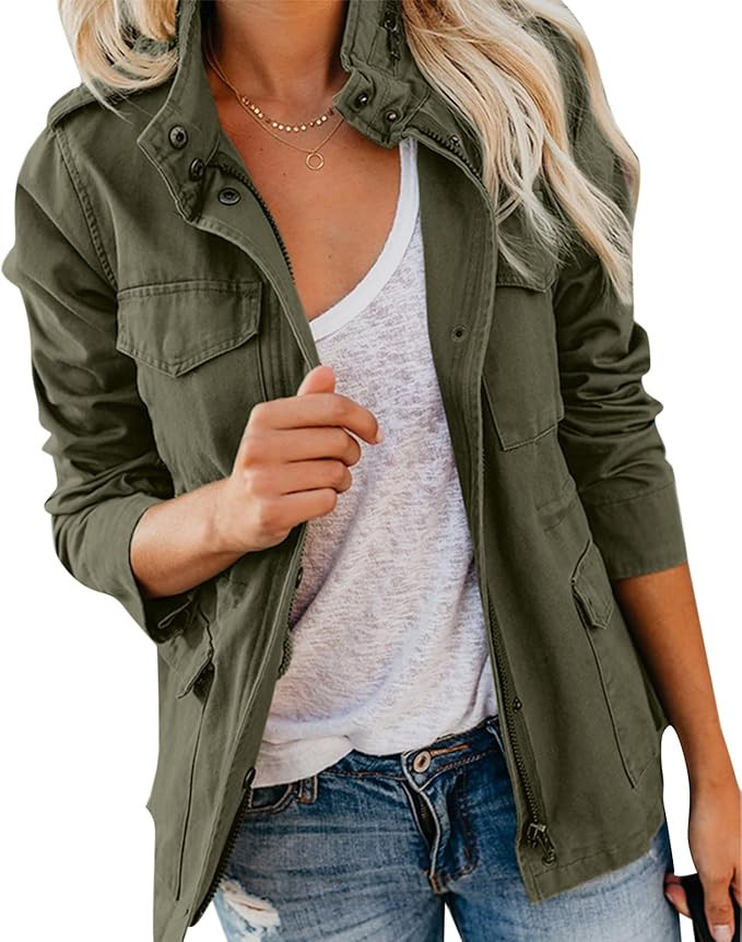 Womens Military Jacket Zip Up Snap Buttons Lightweight Utility Anorak Field Safari Coat Outwear... | Amazon (US)