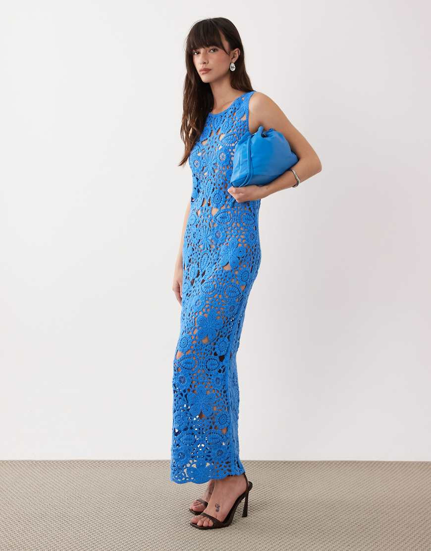 SNDYS cotton rich flower open crochet maxi dress in blue | ASOS (Global)