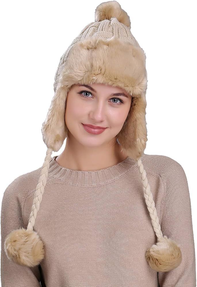 Womens Girls Earflap Hat Faux Fur Knit Hat Warm Snow Ski Trapper Hat | Amazon (US)