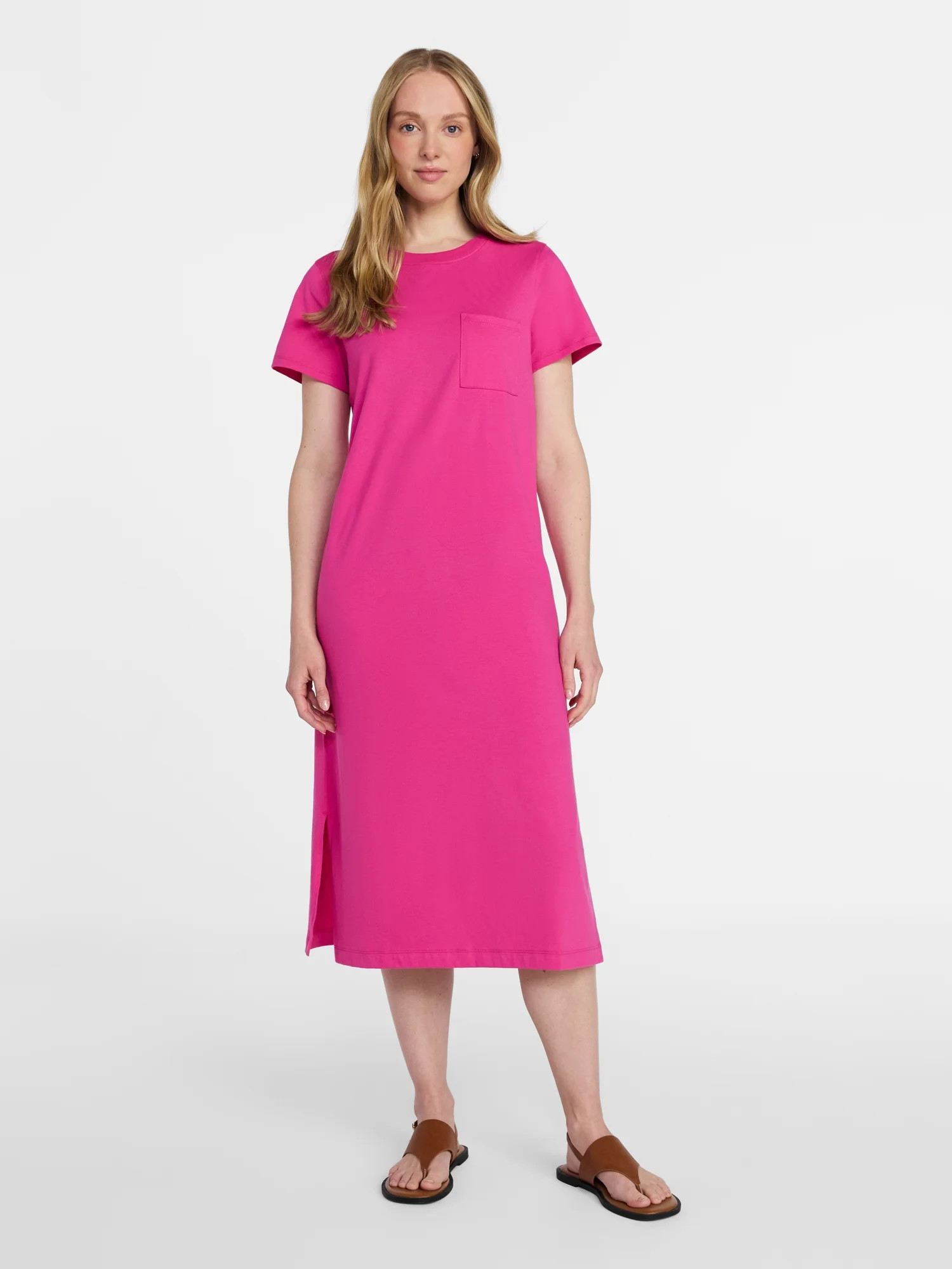 Time and Tru Women's Cotton Midi T-Shirt Dress with Short Sleeves, Sizes XS-XXXL | Walmart (US)
