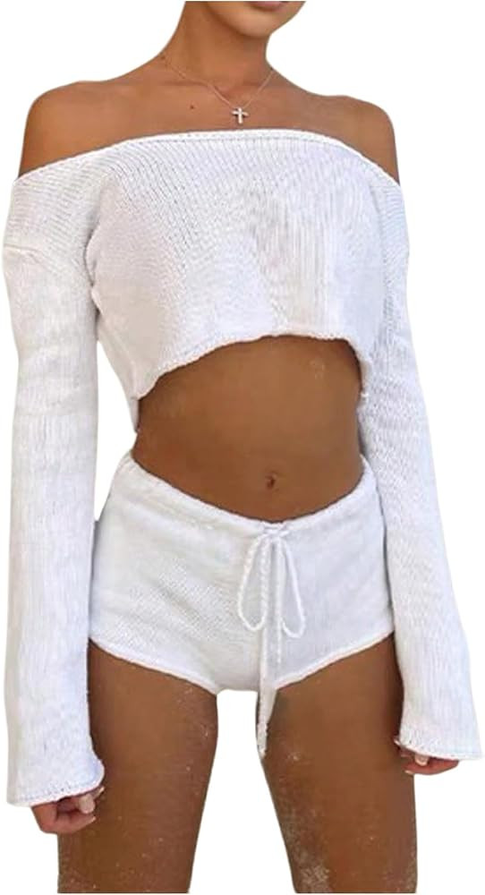 GORGLITTER Women's Two Piece Short Set Crochet Beach Summer Outfits Off Shoulder Long Sleeve Crop... | Amazon (US)