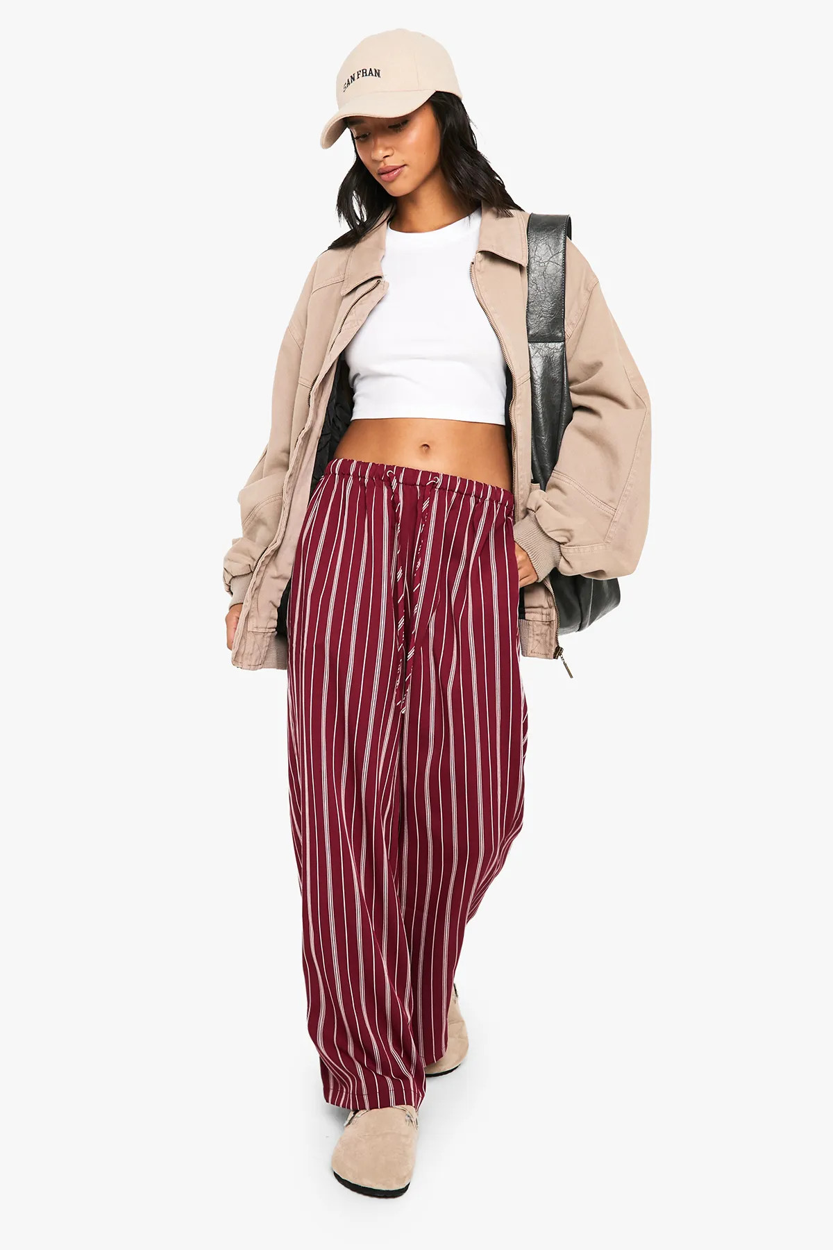 Red Petite Pinstripe Wide Leg Drawcord Waist Trousers | Boohoo USA | boohoo (US & Canada)