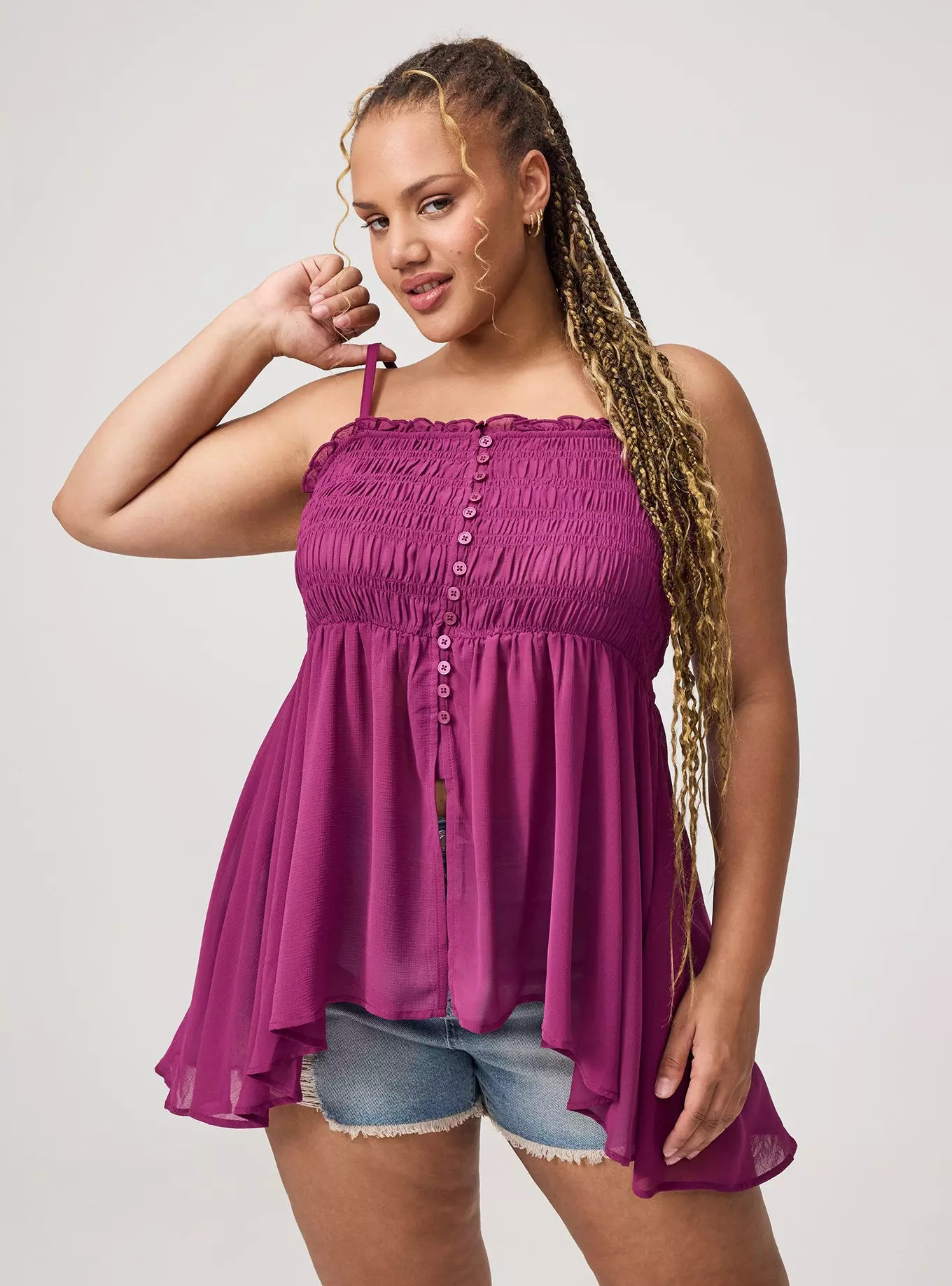 Button-Front Smocked Tunic Cami | Torrid (US & Canada)