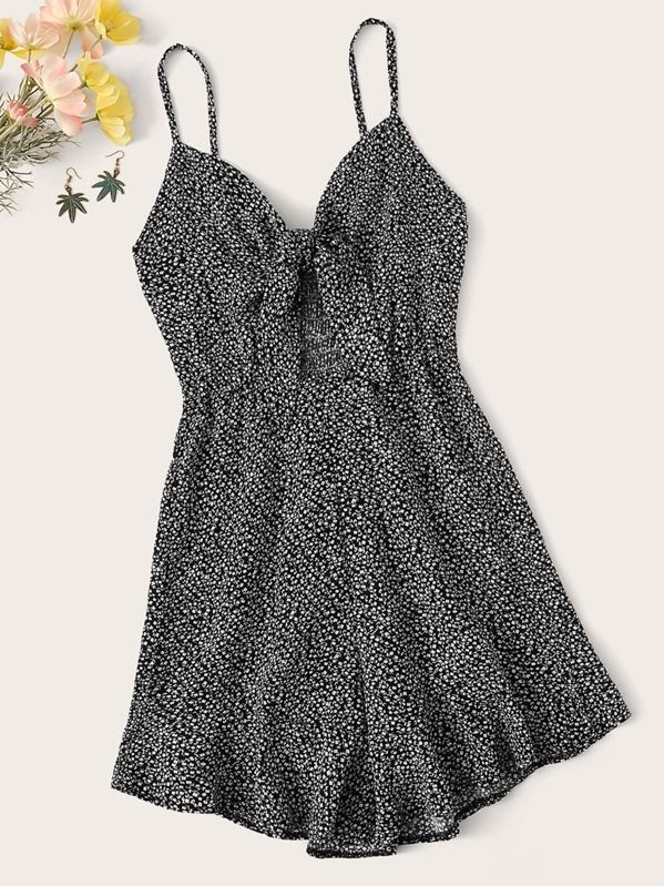 Ditsy Floral Knot Front Cami Romper | SHEIN