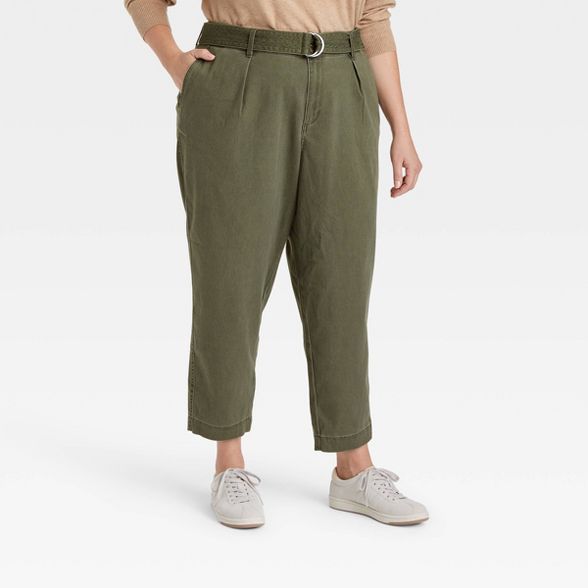 Women&#39;s Plus Size High-Rise Tapered D-Ring Belted Ankle Pants - A New Day&#8482; Olive Green ... | Target