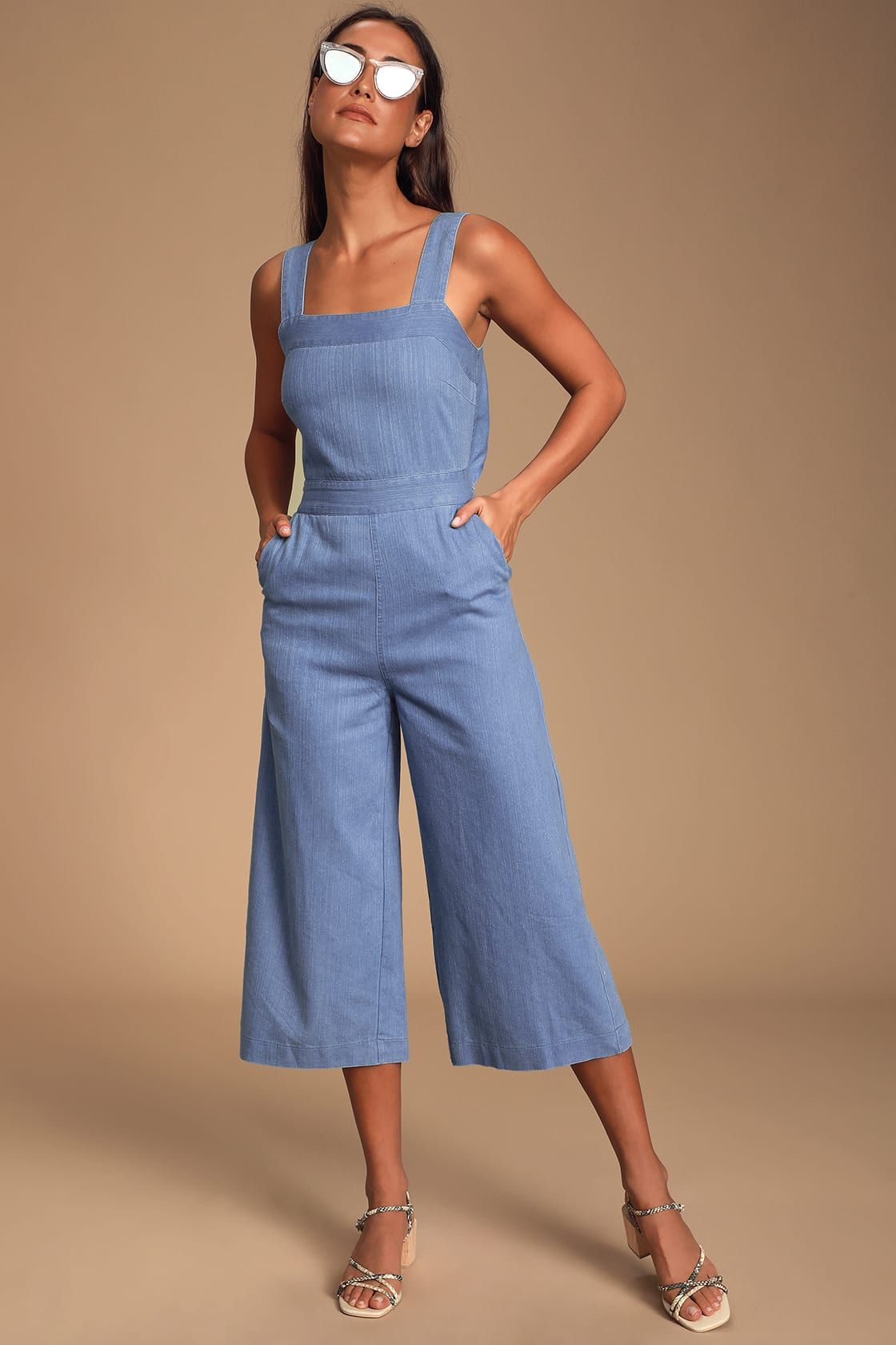Whilo Light Blue Chambray Tie-Back Culotte Jumpsuit | Lulus