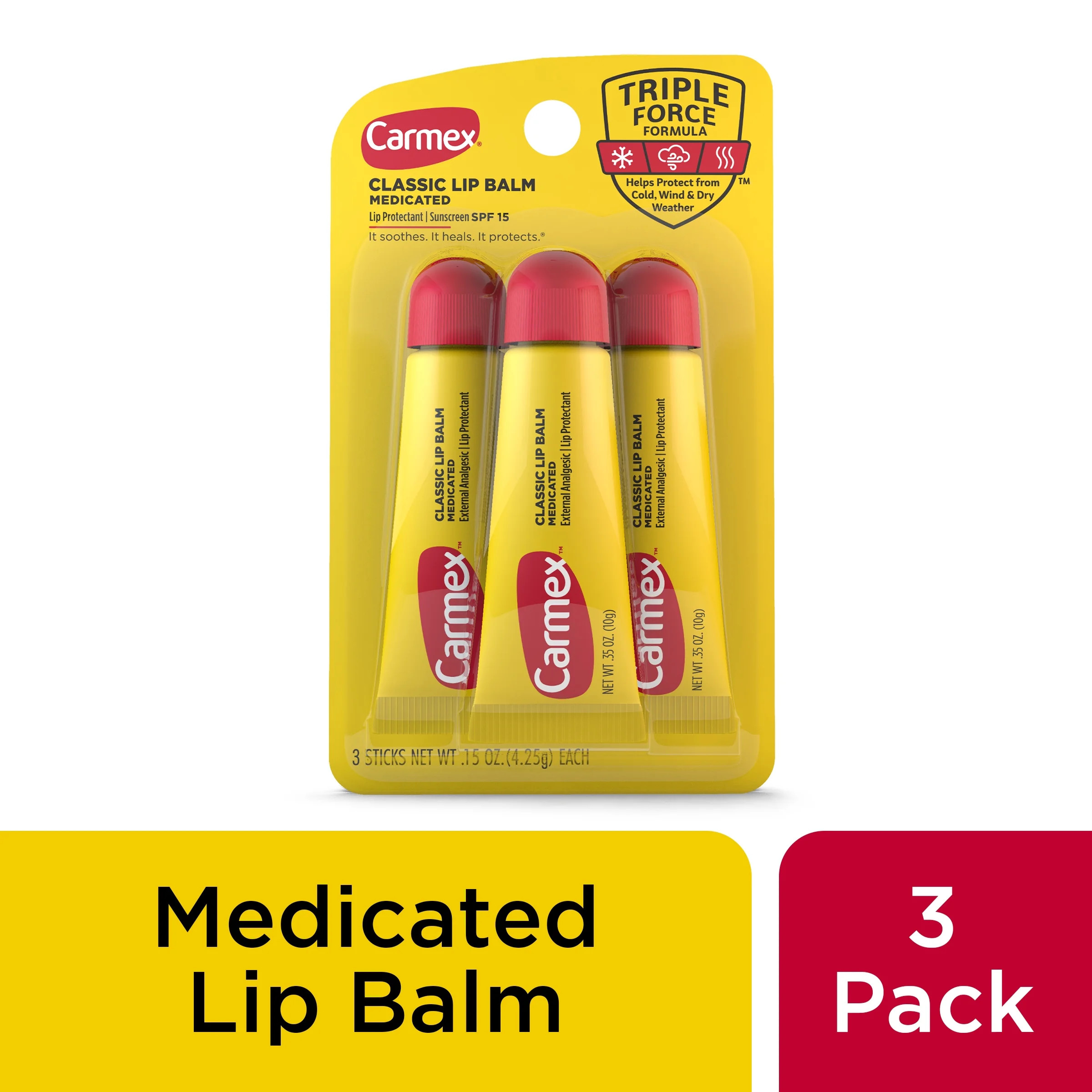 Carmex Medicated Lip Balm Tubes, Lip Moisturizer for Dry, Chapped Lips, 0.35 OZ - 3 Count | Walmart (US)