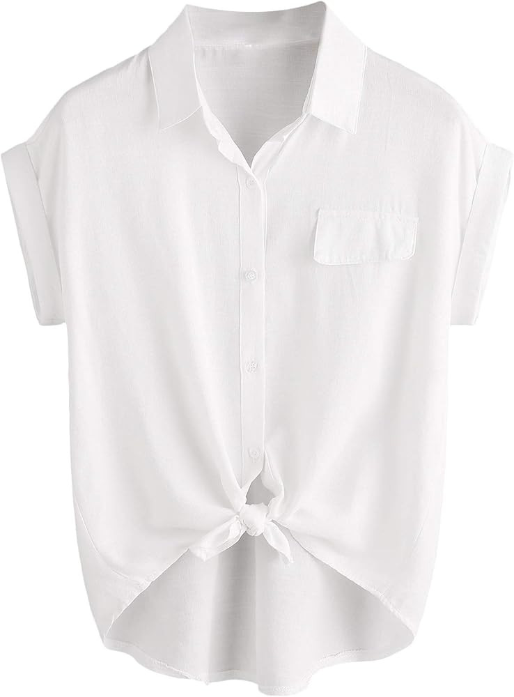 WDIRARA Women's Button Tie Front Short Sleeve Shirt Casual Collar Blouse Top | Amazon (US)