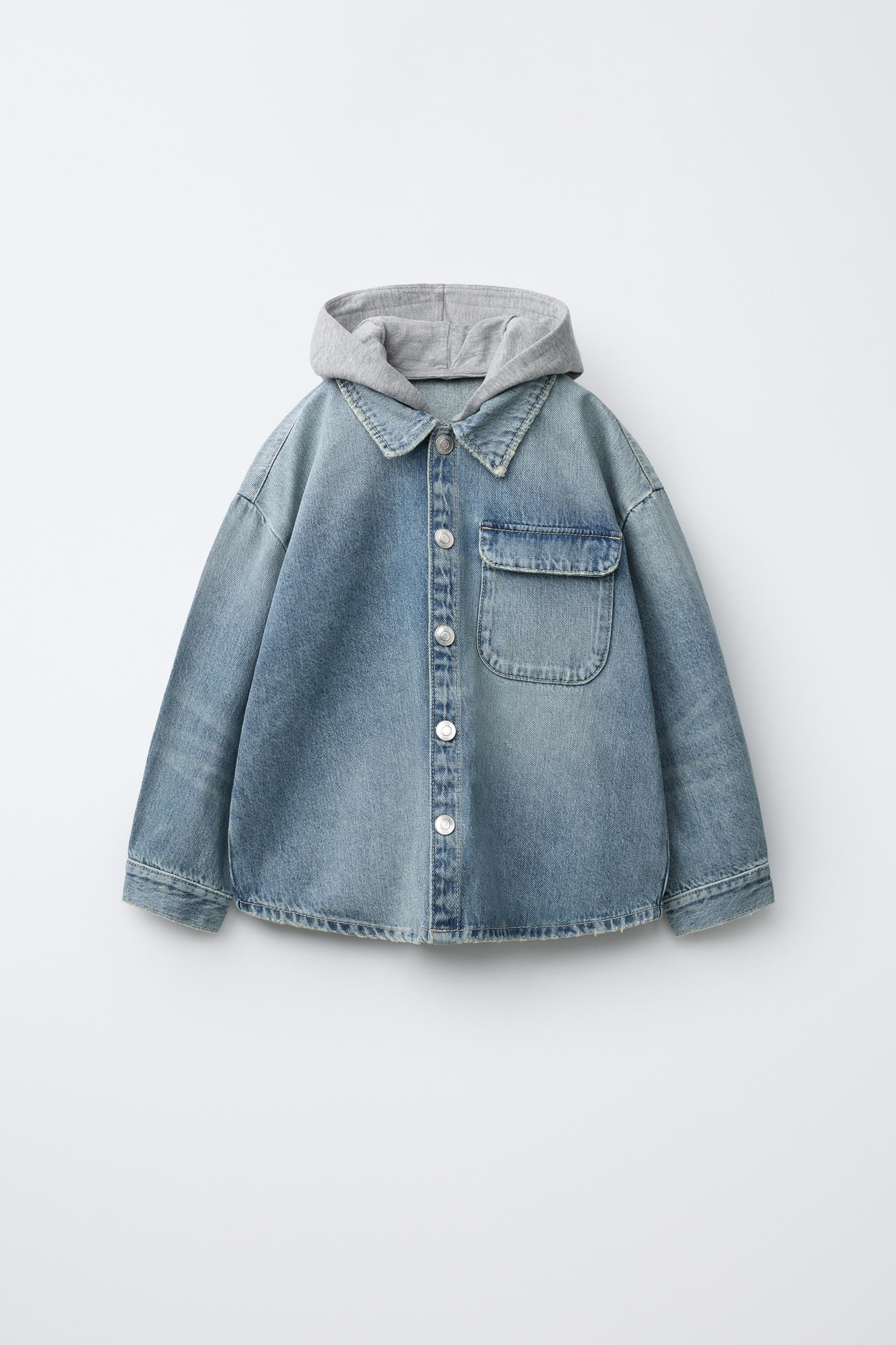 Zara - Denim Overshirt With Removable Hoodie - Mid-Blue - 5 Years (43,3 Inches) - Kids | Zara US