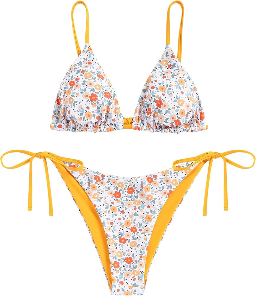 ZAFUL Women's Triangle Bikini Floral String Bikini Set Two Piece Swimsuit Bathing Suits | Amazon (US)