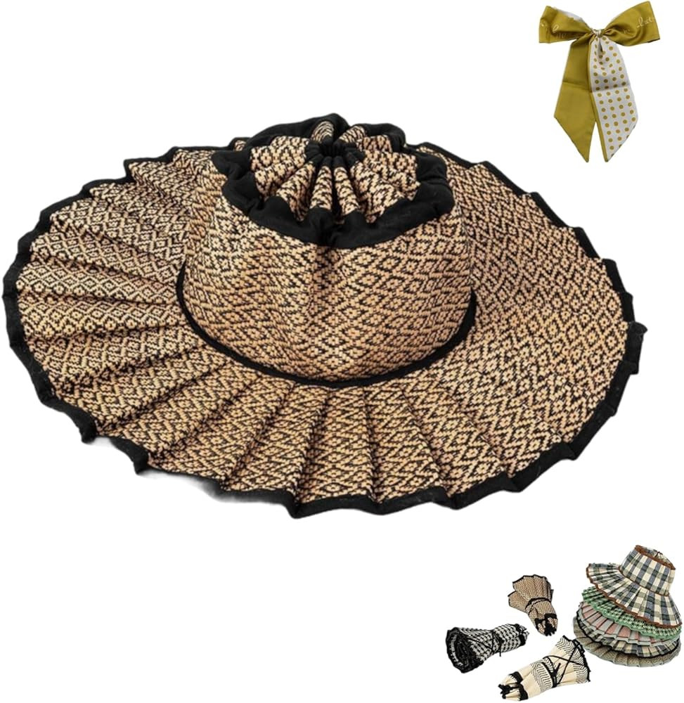 Women's Straw Reversible Pleated Sun Hat,Foldable Wide Brim Beach Hats for Summer,Outdoor Casual ... | Amazon (US)