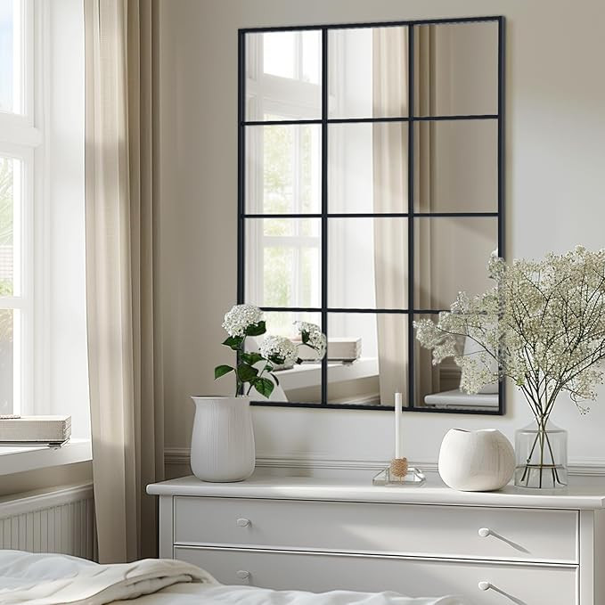 Windowpane Wall Mirror 24"x36" Black Wall Mounted Art Pane Mirror Farmhouse Decorative Mirror Lea... | Amazon (US)