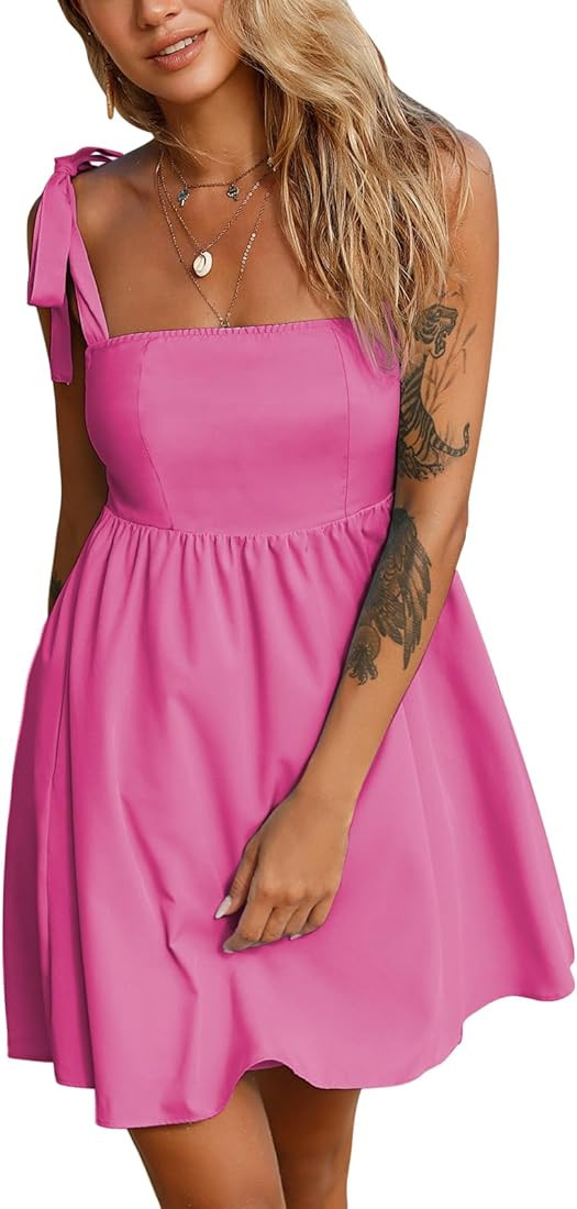 EXLURA Women’s Summer Tie Strap A Line Cute Mini Dresses Square Neck Smocked Flowy Sexy Sundres... | Amazon (US)