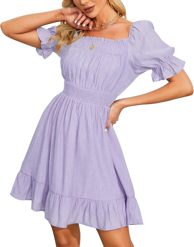 EXLURA Women's Smocked Square Neck Puff Short Sleeve Mini Dress Off Shoulder High Waist Summer Short | Amazon (US)