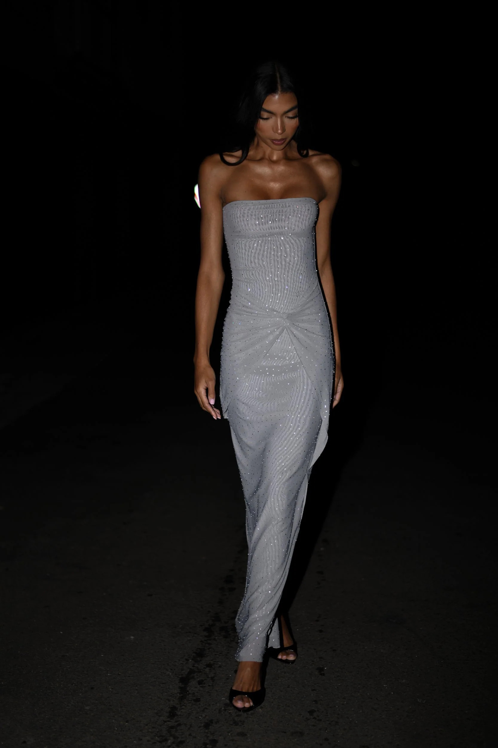Crishelle Hot Fix Mesh Maxi Dress - Gunmetal | MESHKI US