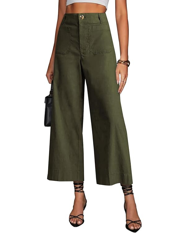 miduo Womens High Waisted Cropped Wide Leg Stretchy Straight Pants Trousers with Pockets | Amazon (US)