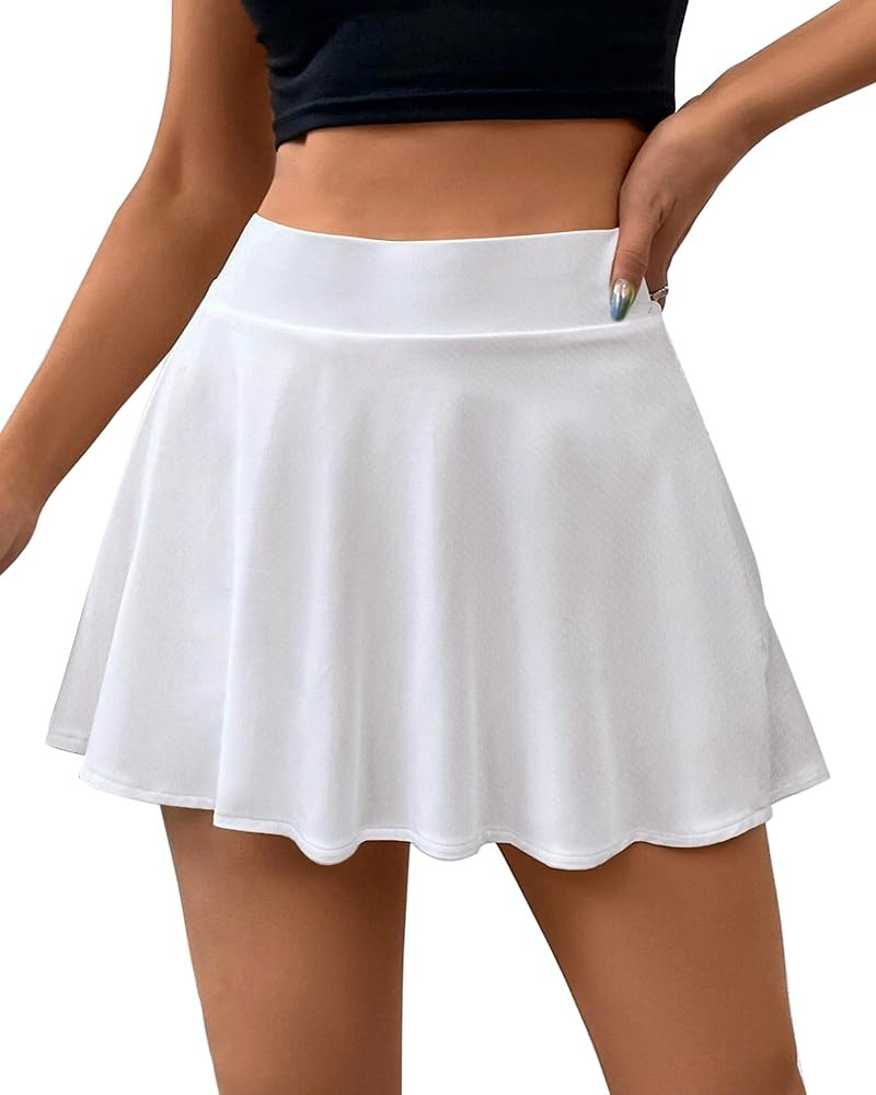 Women High Waist Flowy Basic Versatile Flared Casual Pleated Mini Skirts with Lining Shorts | Amazon (US)
