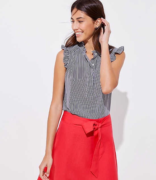 Petite Striped Ruffle Henley Shell | LOFT