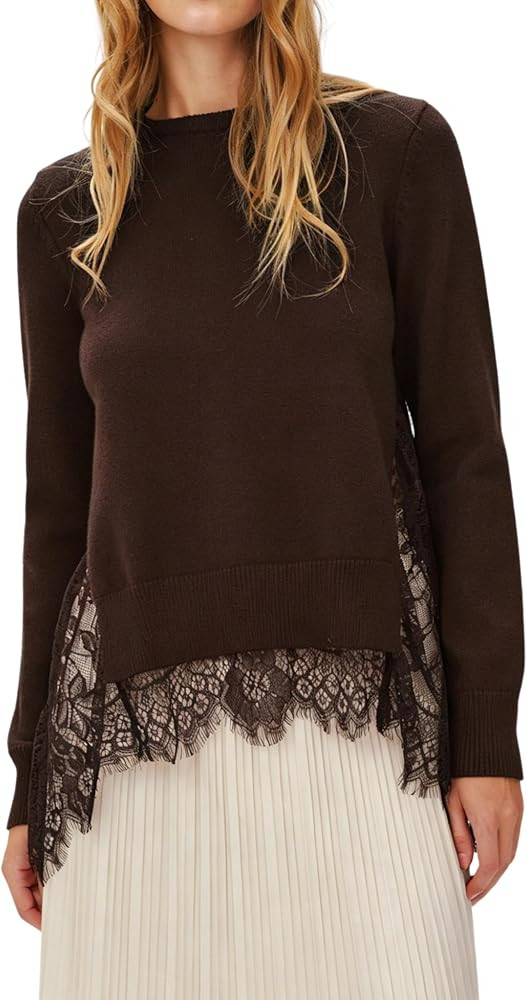 MINSURE Women Long Sleeve Knit Sweater Lace Spliced Hem Crew Neck Blouse | Amazon (US)