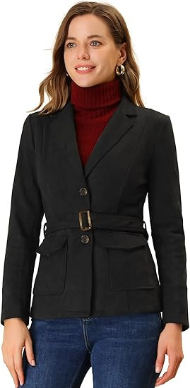 Allegra K Women's Faux Suede Blazer Belted Lapel Outwear Single Breasted Work Jacket | Amazon (US)