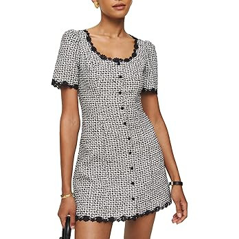 Women's Square Neck Tweed Mini Dress Short Sleeve Button Front Cocktail Party Dress | Amazon (US)