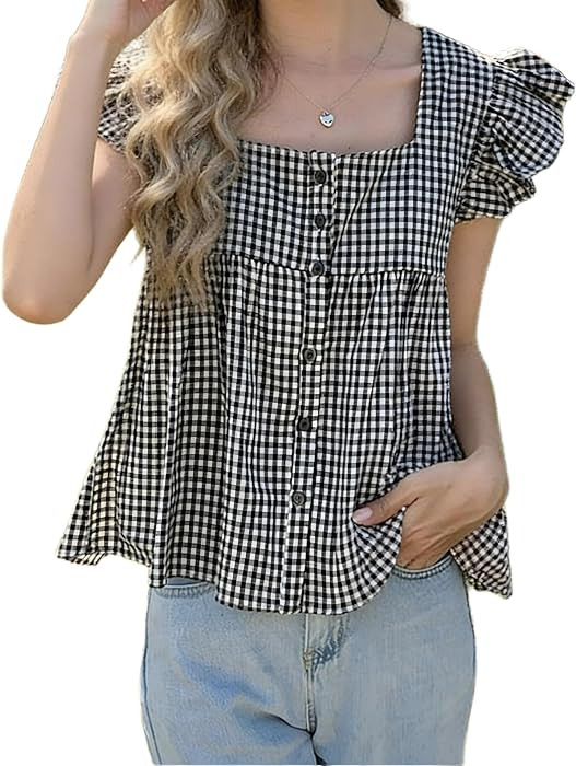 Y2K Gingham Peplum Tops for Women Summer Cute Button Front Ruffle Flying Short Sleeve Square Neck... | Amazon (US)