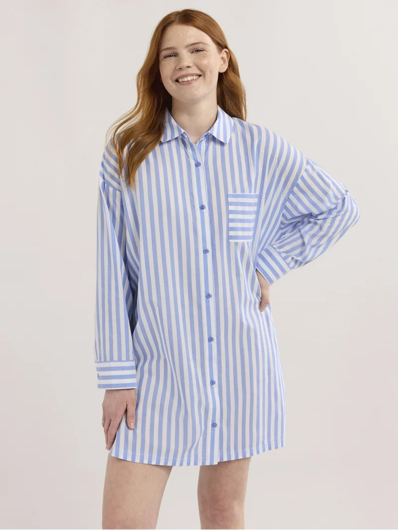 Joyspun Women’s Woven Long Sleeve Button Front Sleepshirt, Sizes XS-3X | Walmart (US)