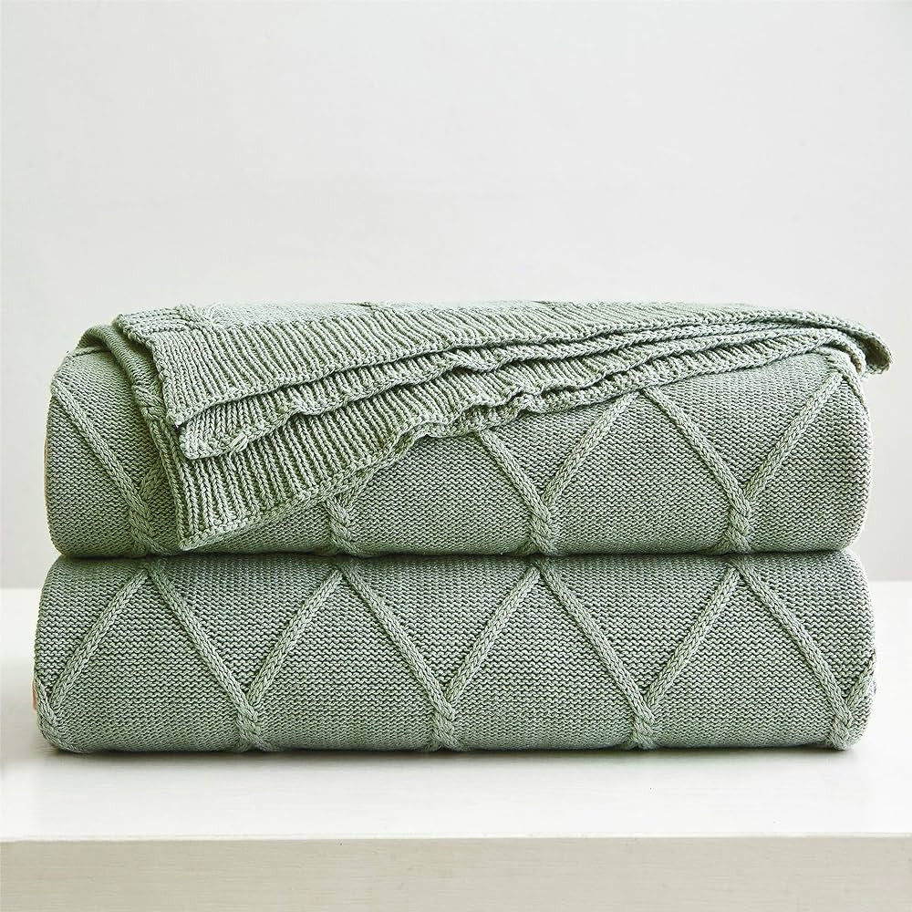 100% Cotton Sage Green Cable Knit Throw Blanket for Couch, Sofa with Bonus Laundering Bag for Cou... | Amazon (US)