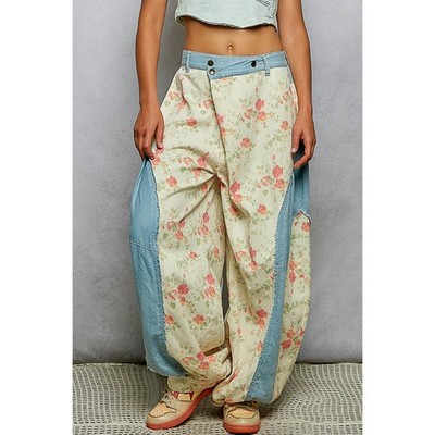 POL Floral Barrel Fit Wide Leg Contrast Panel Cotton Pants Cream Rose Print M | eBay US