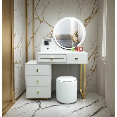 Luxury Led Vanity Table With Storage & Gold Accents – Modern Makeup Desk With Mirror & Stool Hannah Vanity With Mirror And Stool | Wayfair North America