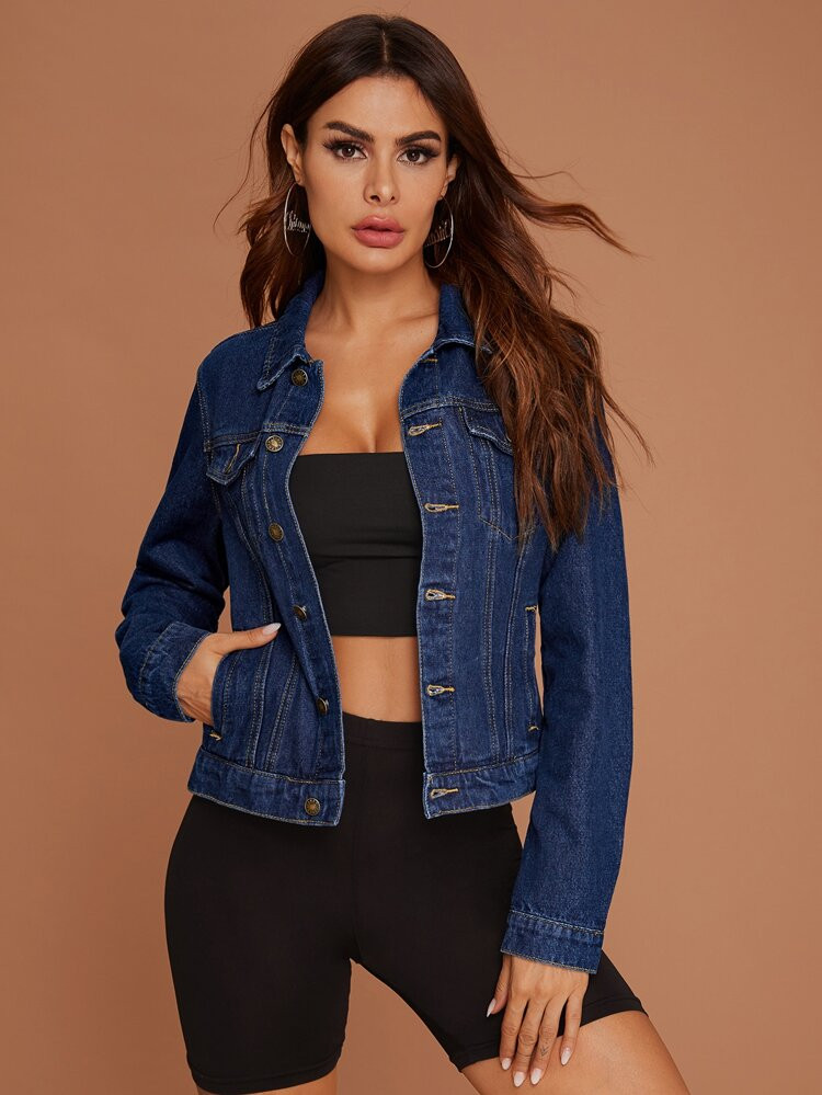 Button Front Flap Pocket Trucker Denim Jacket | SHEIN