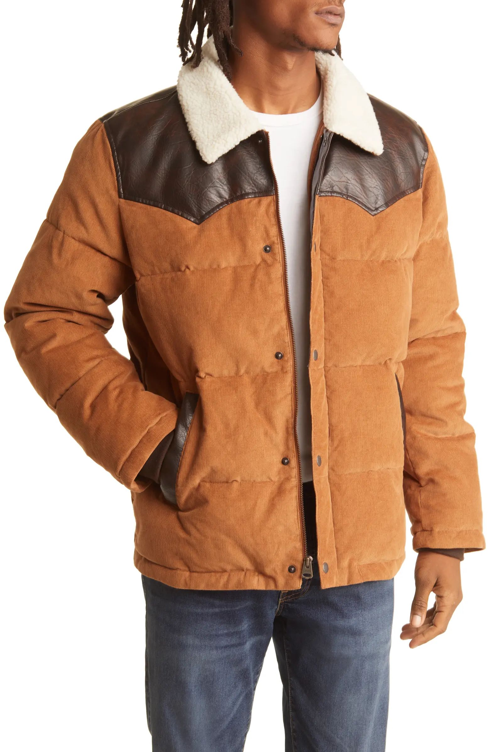 Levi's® Yellowstone Western Corduroy Puffer Jacket with Faux Shearling & Faux Leather Trim | Nor... | Nordstrom