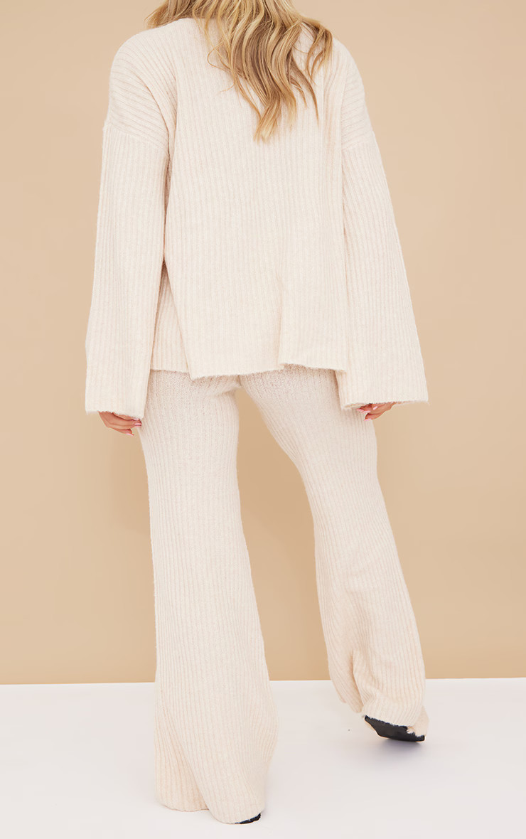 Oatmeal Luxe Rib Knit Wide Leg Trousers | PrettyLittleThing UK