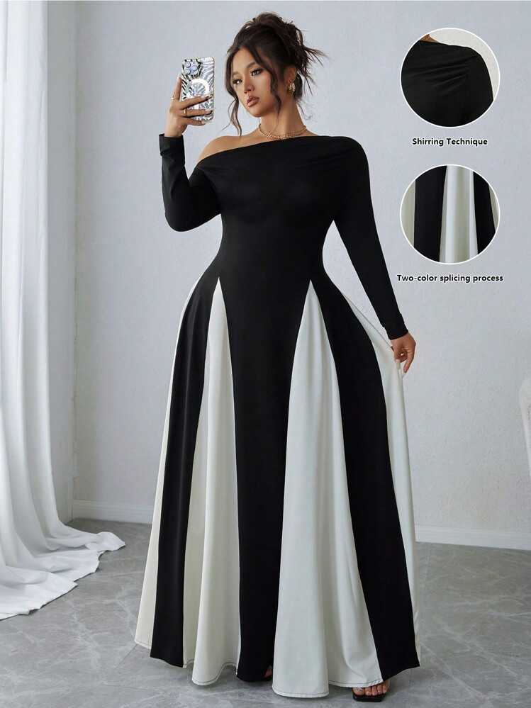 SHEIN Elenzya Plus Size Women Long Sleeve Asymmetrical Patchwork New Year Party Dress Maxi Women Outfit Fall Cloth For Women | SHEIN