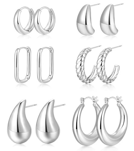 6 Pairs Gold Chunky Hoop Earrings for Women | 14K Real Gold Plated Lightweight Twisted Thick Hoop Earrings Pack for Gift (6 Pair Silver) | Amazon (US)