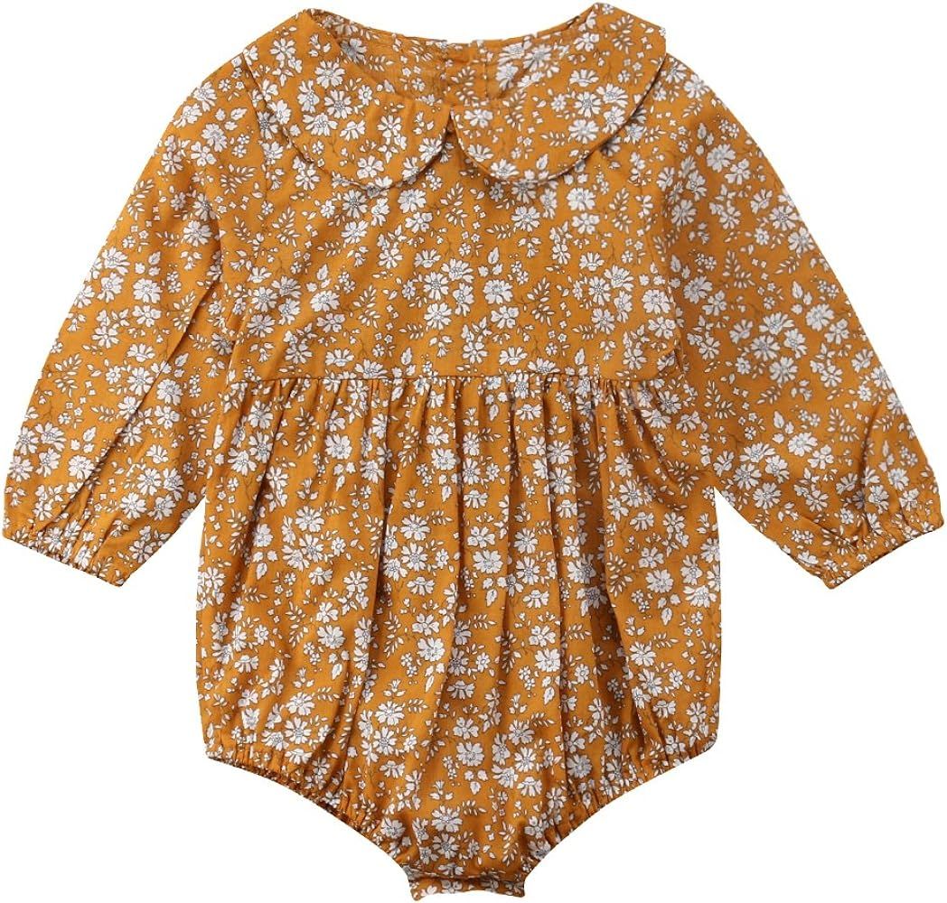 Newborn Baby Girls Floral Print Long Sleeve Round Neck Vintage Romper Infants Ruffles Jumpsuit | Amazon (US)
