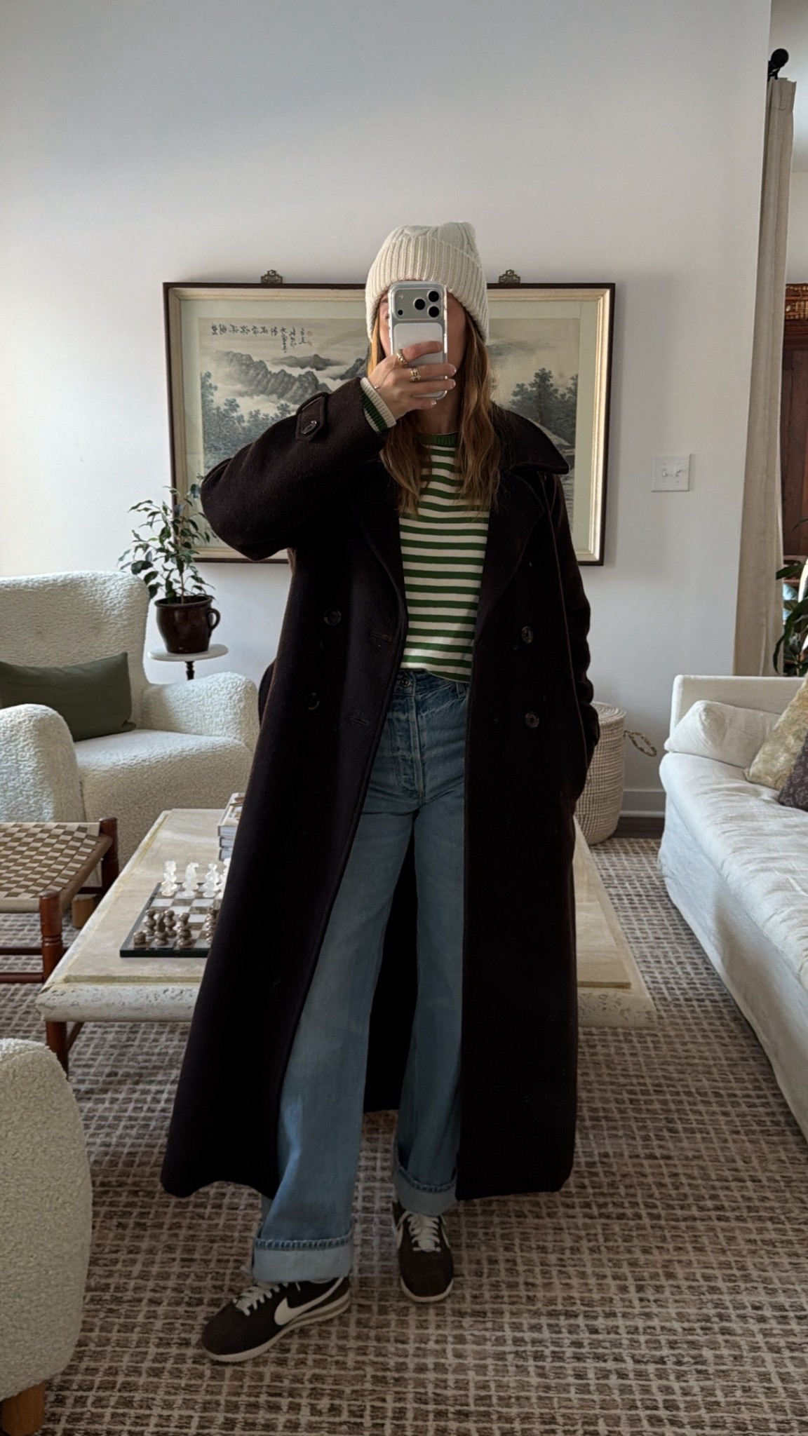 1/22/26 Casual winter outfit. Brown Nike Cortez sneakers, cuffed Citizens of Humanity denim from Aritzia, a striped green Sonderhaus sweater, my Abercrombie brown wool jacket, and a classic Madewell knit beanie. Cozy, easy, and perfect for everyday winter errands.

#LTKgrwm #LTKootd #LTKSeasonal