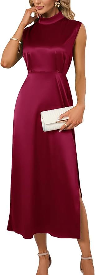 CYCLAMEN 2023 Women's Summer Long Formal Satin Dress Mock Neck Sleeveless Side Slits Maxi Elegant... | Amazon (US)