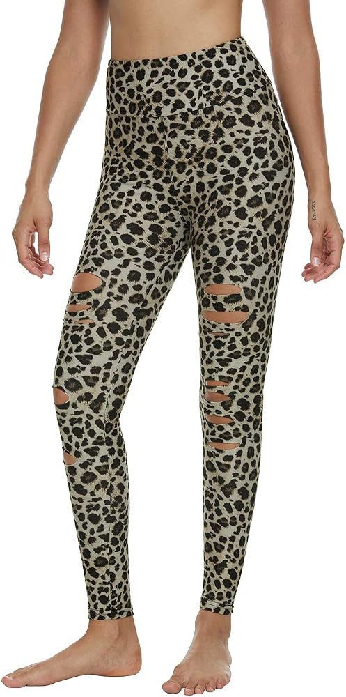 Womens High Waist Yoga Pants Cutout Ripped Tummy Control Workout Running Yoga Skinny Leggings | Amazon (US)