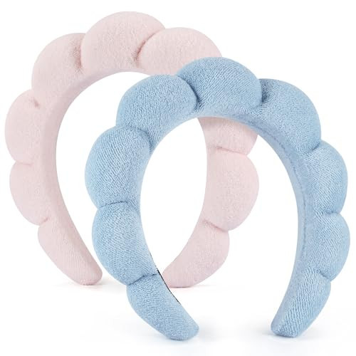 DiyJibb Spa Headbands for Women Ladies- Puffy Makeup Headband Combo Pack- Set of 2 Terry Towel Cloth Fabric Hair Bands for Washing Face (Pink & Blue) | Amazon (US)