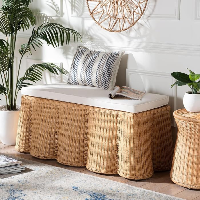 Bali & pari Palm Scallop Natural Rattan Ottoman with Cushion \u2013 Handwoven Wicker Accent Bench... | Amazon (US)