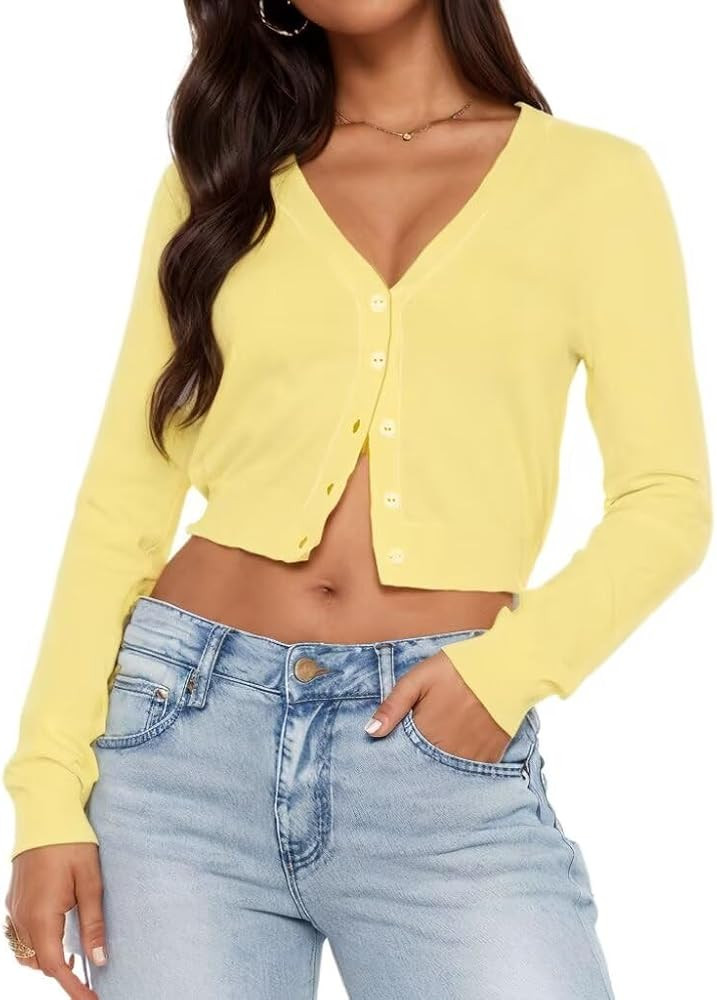 LEEDYA Women's Long Sleeve Cardigans Open Front Knit Cropped Sweaters Fall V Neck Button Down Jac... | Amazon (US)