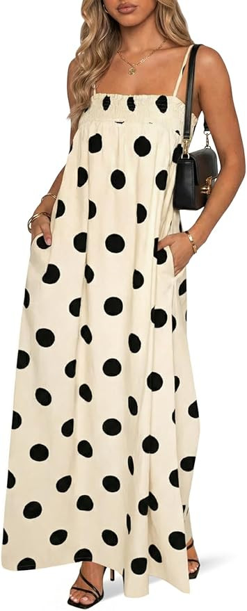 Wenrine Womens Summer Polka Dot Maxi Dress Casual Spaghetti Strap Smocked Loose Vacation Beach Dr... | Amazon (US)