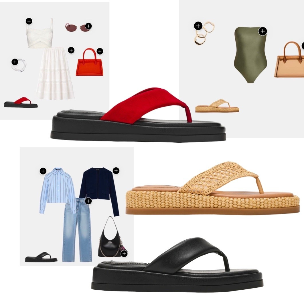 Platform flip flops in leather suede and raffia 
Red and black flip flops thong sandals on trend! 

#LTKFestival #LTKSaleAlert #LTKTravel