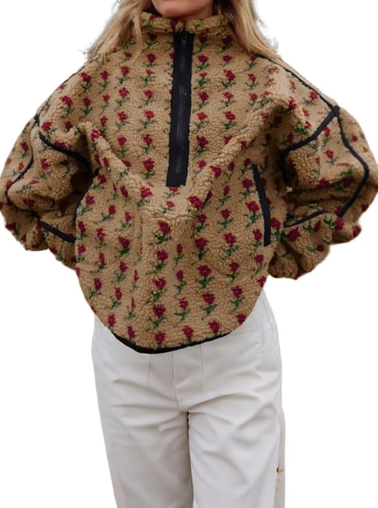 chouyatou Women's Fall Winter Warm Faux Fur Sweatshirt Cute Floral Zip Up Turtleneck Sherpa Jacke... | Amazon (US)