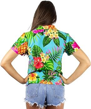 KING KAMEHA Funky Casual Hawaiian Blouse Shirt Women Front Pocket Button Down Very Loud Shortslee... | Amazon (US)
