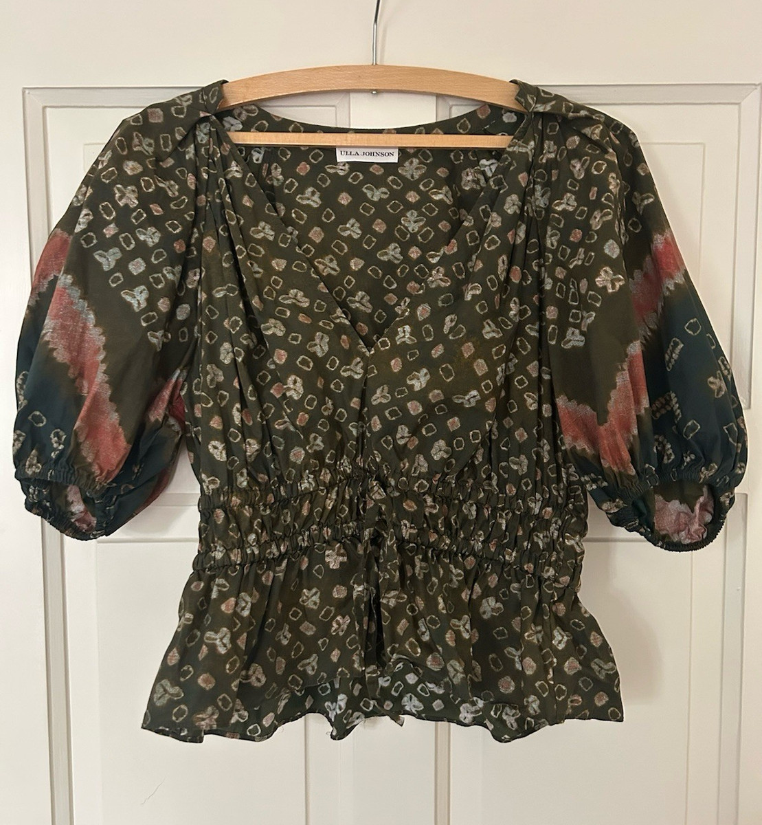 Ulla Johnson Abstract Print Smocked Puff Sleeve V-Neck Cotton Blouse US 6, UK 10 | eBay UK