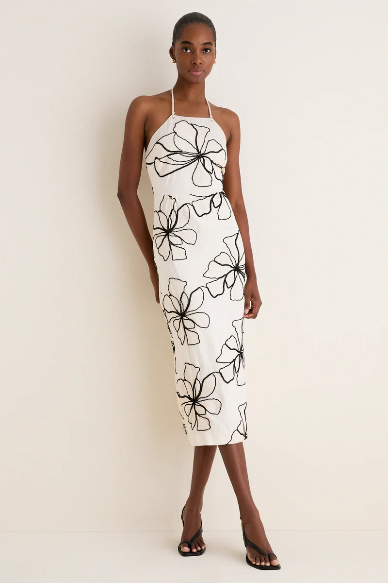 Ivory and Black Floral Embroidered Josie Halter Midi Dress | Tuckernuck (US)