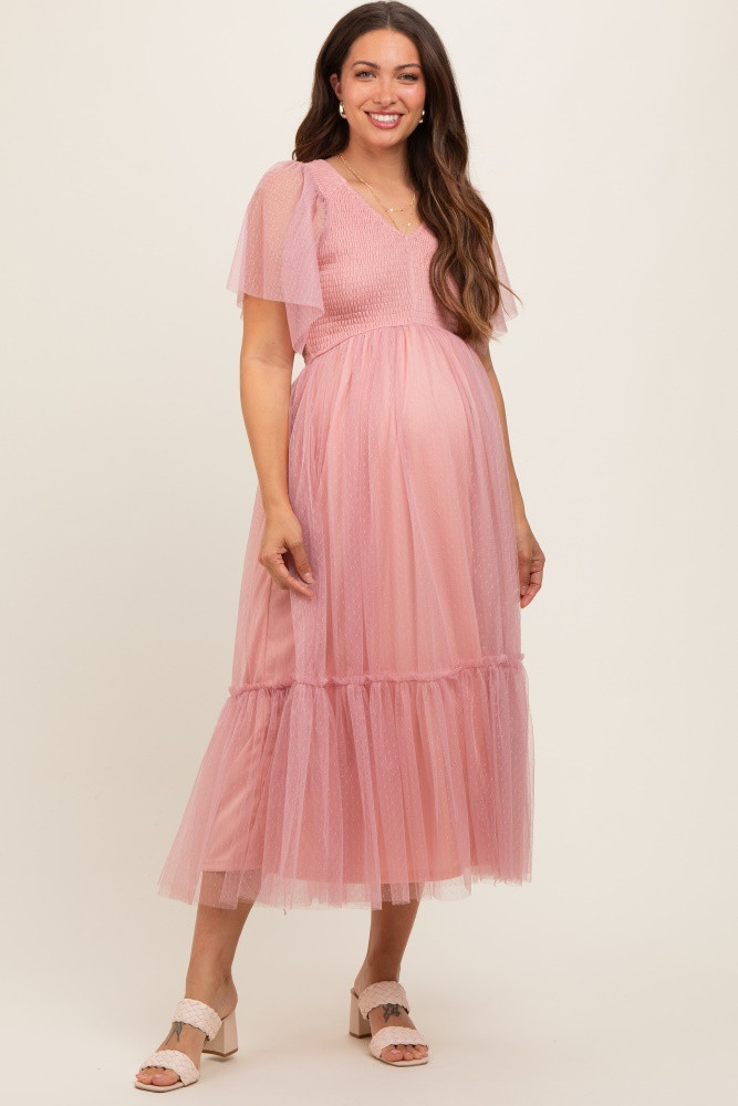 Mauve Dotted Tulle Smocked Maternity Midi Dress | PinkBlush Maternity
